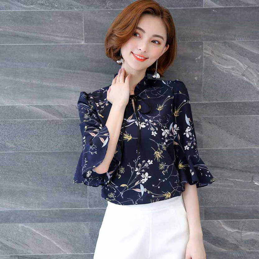 Navy floral pattern print mid fluted sleeve shirt 01