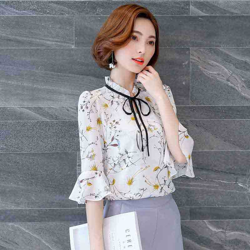 Yellow white floral pattern print mid fluted sleeve shirt | Womens ...