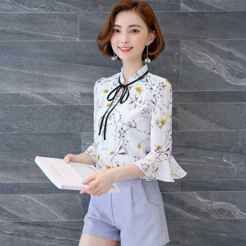 Yellow white floral pattern print mid fluted sleeve shirt | Womens ...