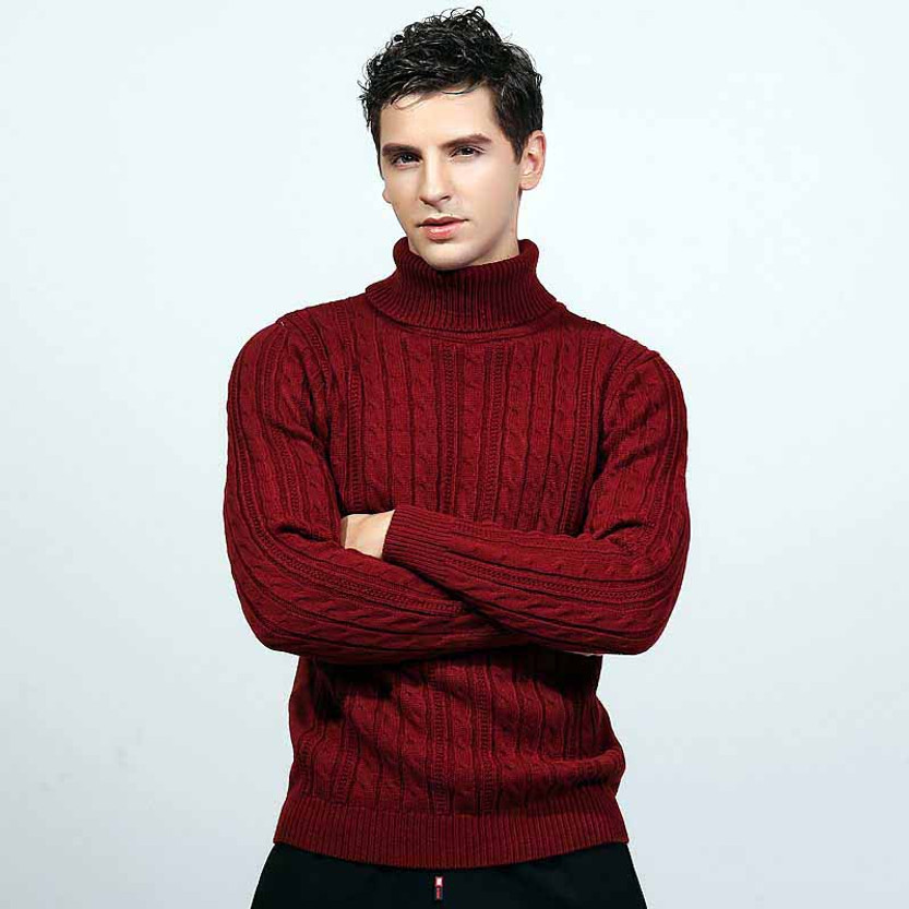 Red knit pattern high neck long sleeve sweater 01