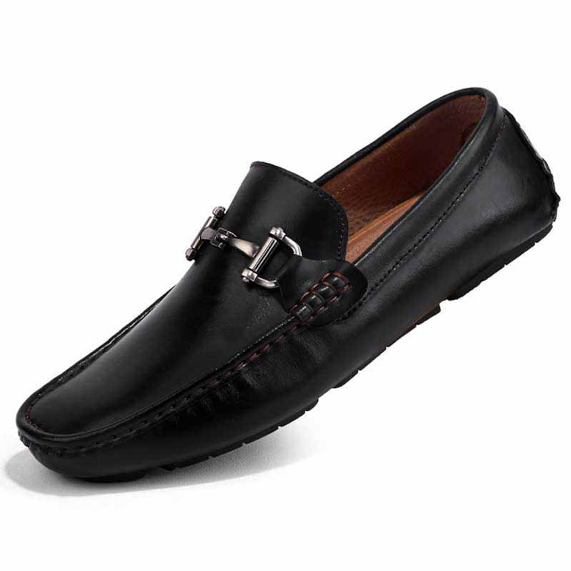 Black retro metal buckle leather slip on shoe loafer | Mens loafers ...