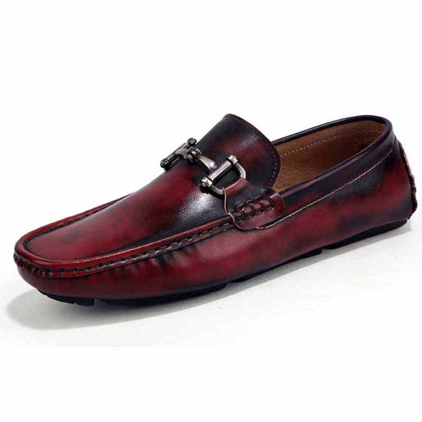 Red retro metal buckle leather slip on shoe loafer 01