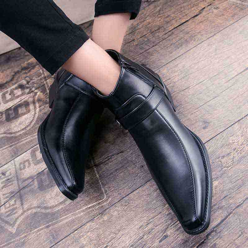 Black buckle design zip slip on dress shoe boot | Mens shoe boots ...