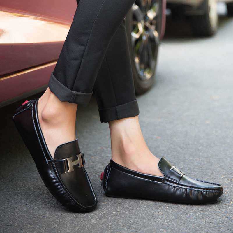Black metal buckle leather slip on shoe 
