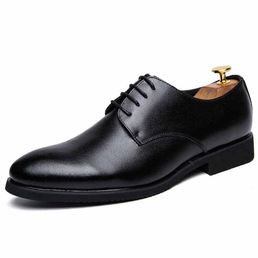 Black plain retro leather derby dress shoe 01