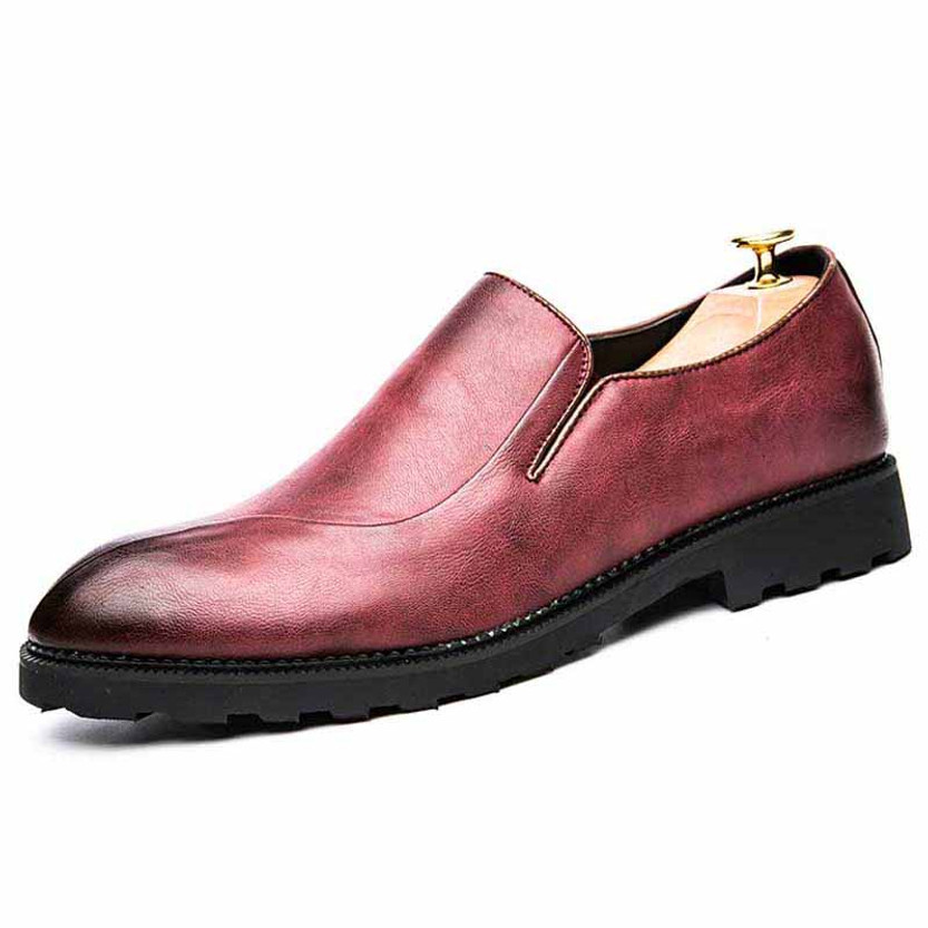 Red retro split style leather slip on dress shoe 01