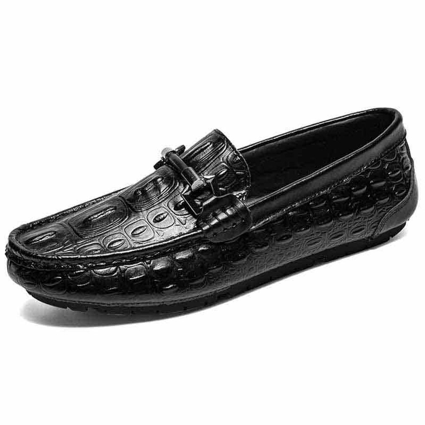 Black crocodile skin pattern slip on shoe loafer 01