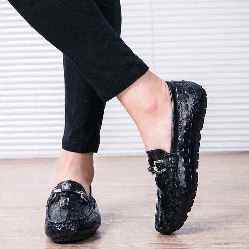 Black crocodile skin pattern buckle slip on shoe loafer | Mens loafers  online 1469MS