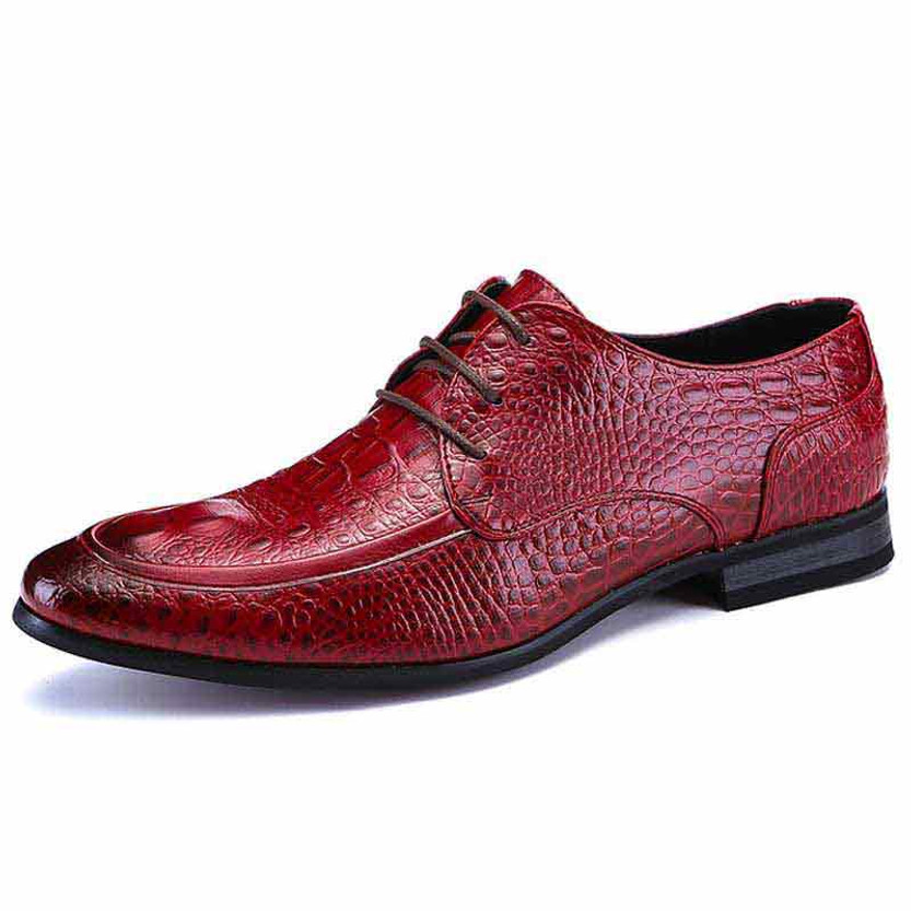 Red crocodile skin pattern derby dress shoe 01