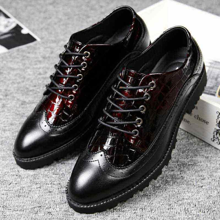 Black red brogue check leather derby dress shoe | Mens dress shoes ...