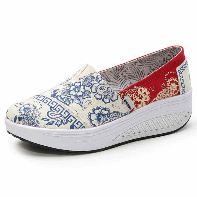 Beige blue floral slip on rocker bottom 