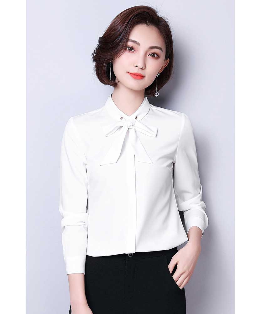 White chiffon long sleeve shirt with neck tie collar 01