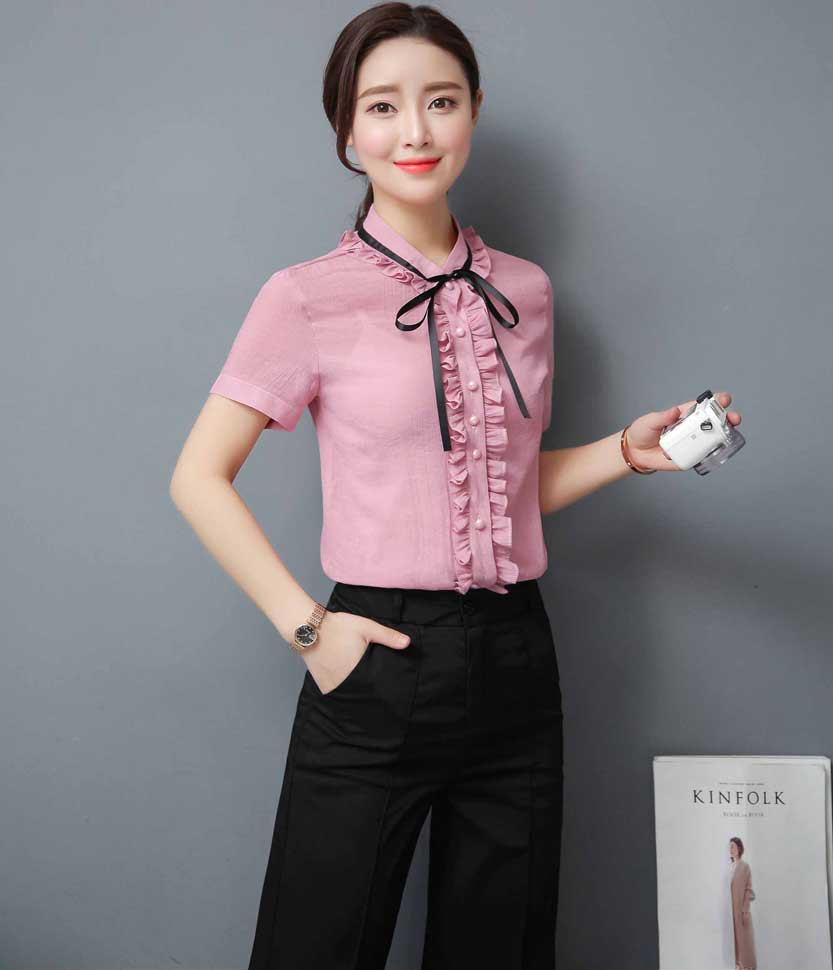 Pink ruffle style short sleeve shirt with neck tie Womens shirts