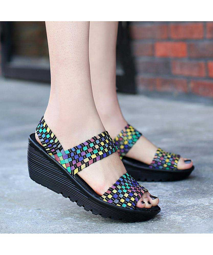 Rainbow weave check slip on shoe wedge 