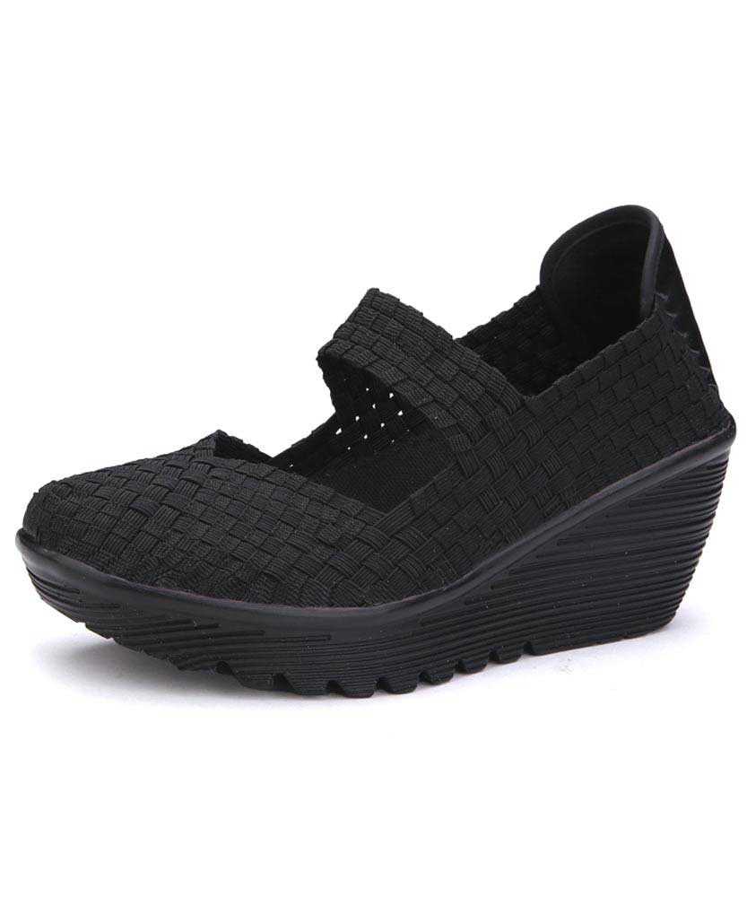 Black weave low cut slip on shoe wedge sandal 01