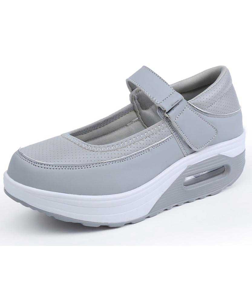 Grey low cut velcro slip on rocker bottom shoe sneaker 01