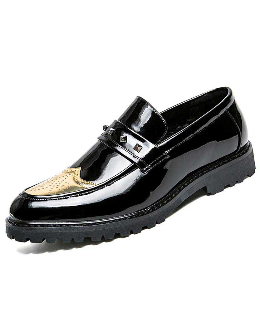 Golden brogue slip on dress shoe stud on vamp 01