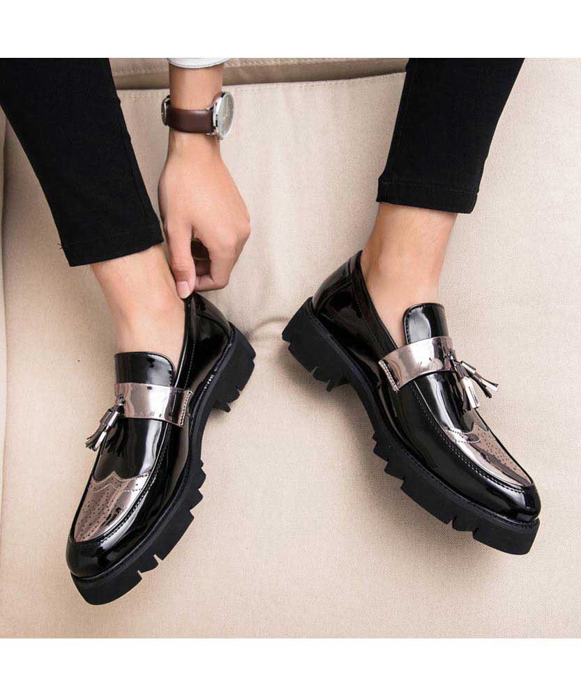 Black silver brogue tassel patent slip 