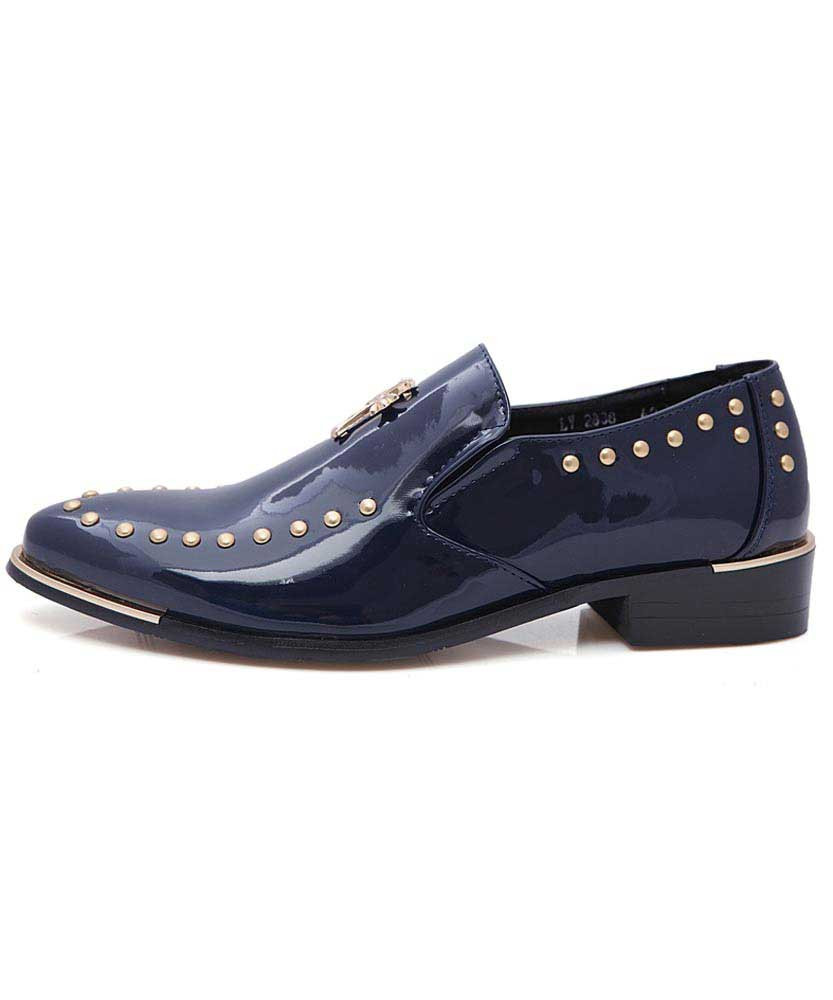 Navy rivet cross metal patent slip on dress shoe | Mens dress shoes ...