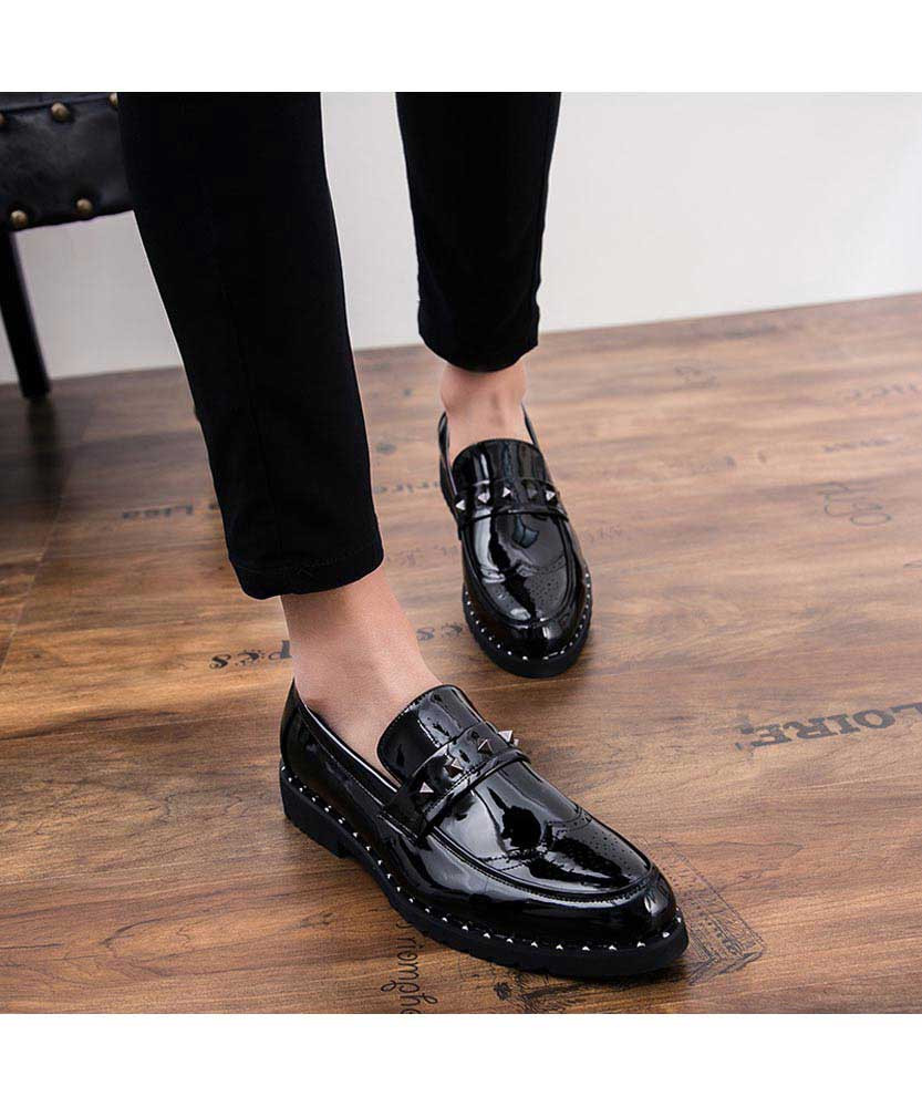 Black brogue stud patent slip on dress 