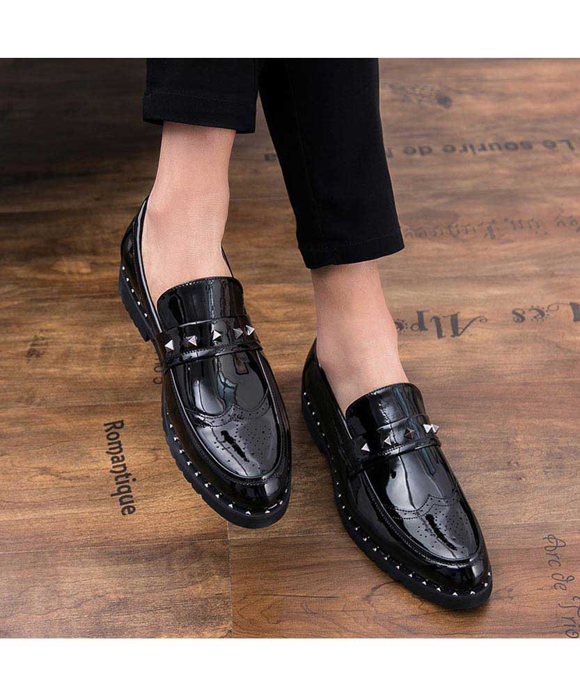 Black brogue stud patent slip on dress 