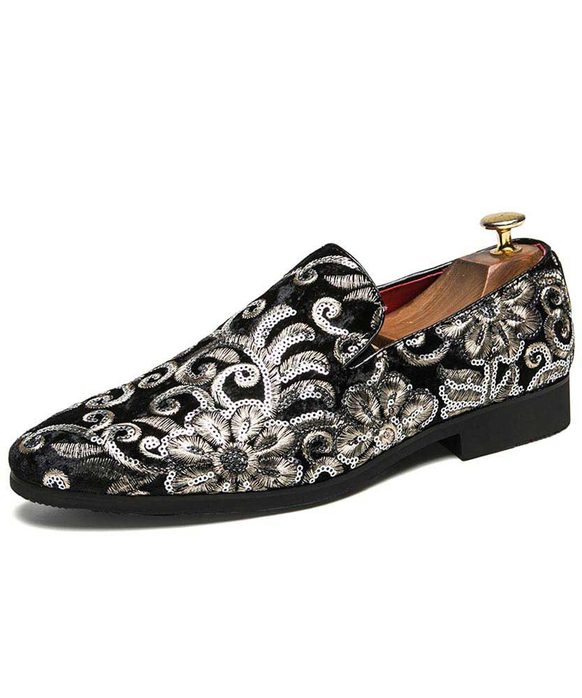 Black full floral pattern leather slip on dress shoe 01