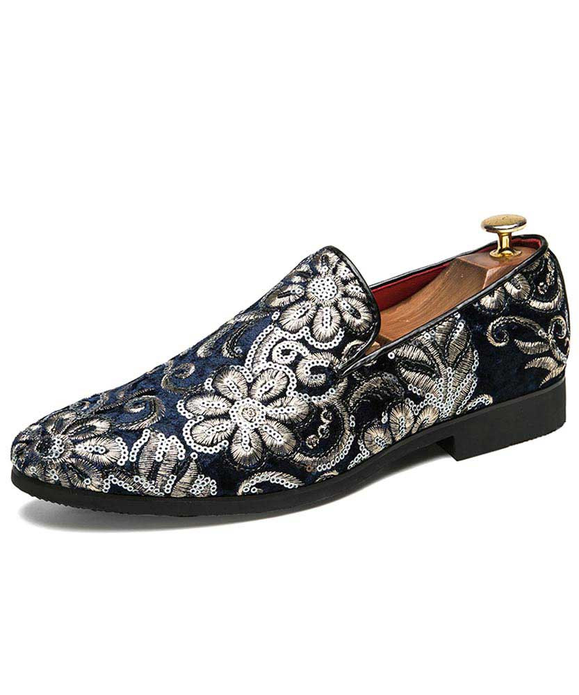 Navy full floral pattern leather slip on dress shoe 01