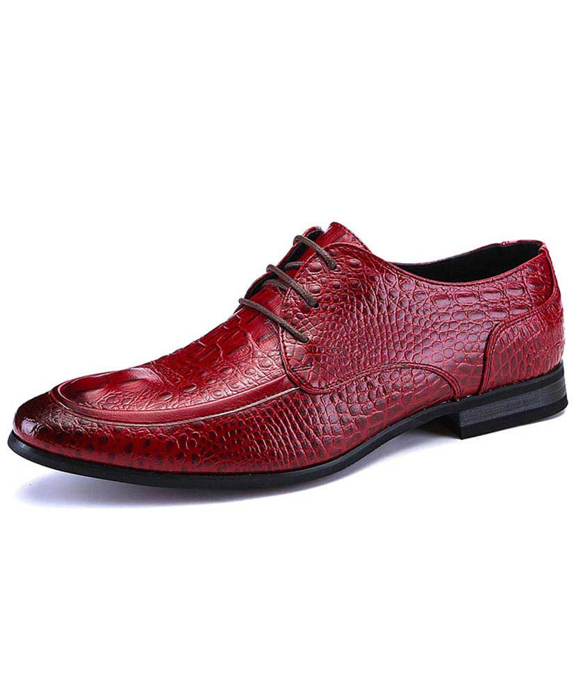 Red crocodile skin pattern derby dress shoe 01