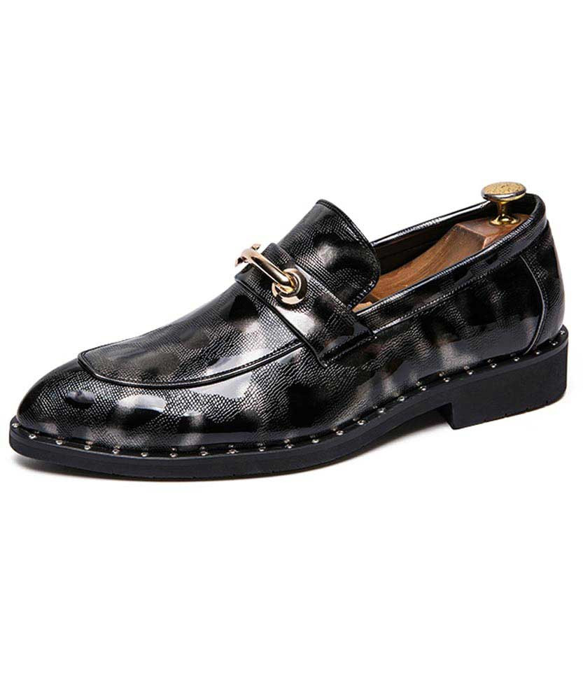 Black camo pattern metal buckle slip on dress shoe 01