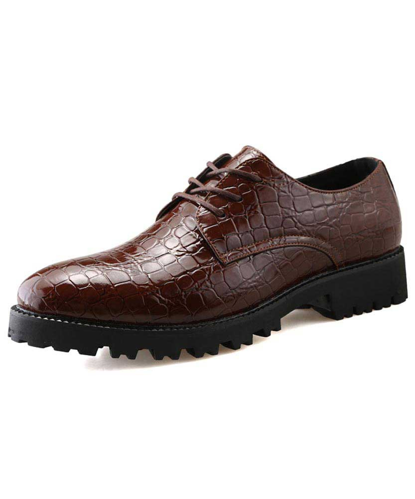 Brown crocodile skin pattern derby dress shoe 01