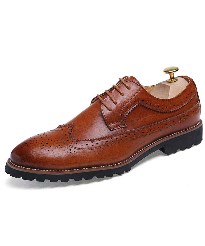 Brown retro brogue leather derby dress shoe 01
