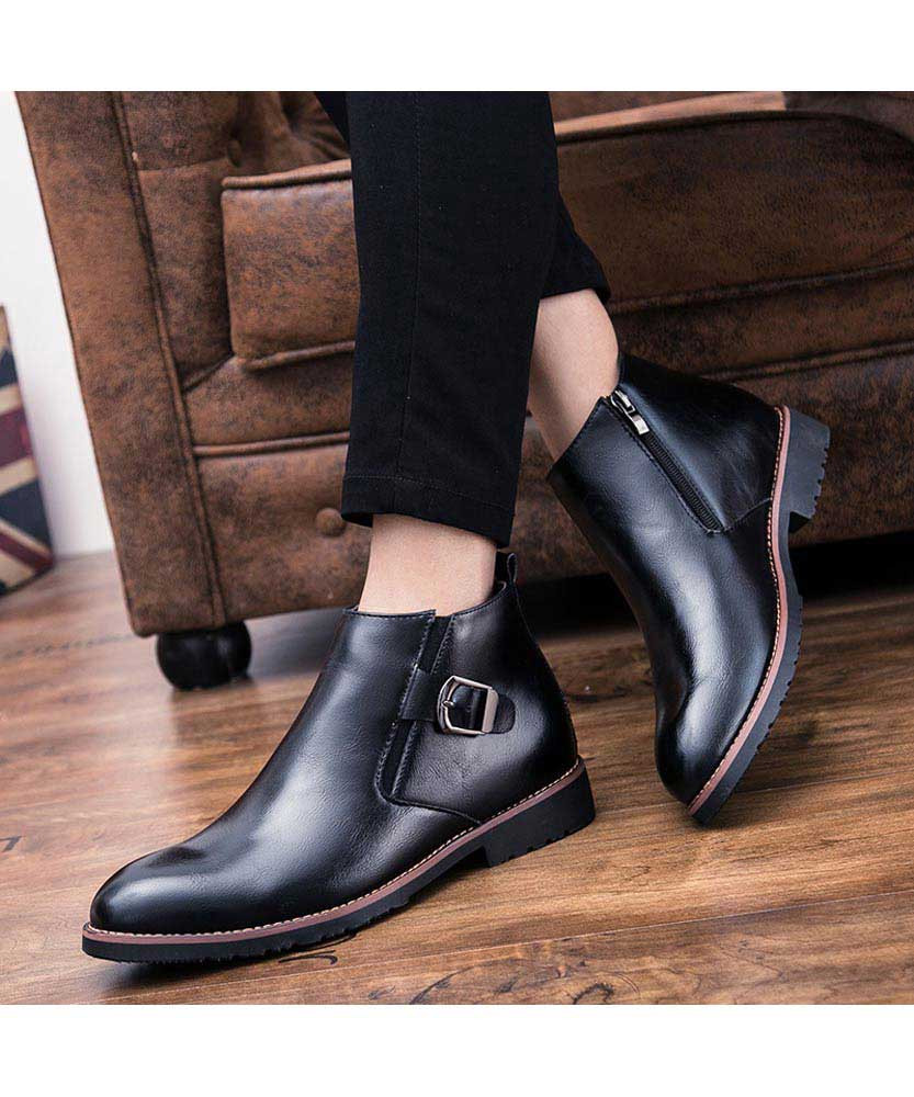 Black buckle slip on dress shoe boot 