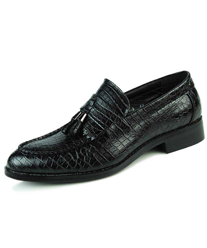 Black croco skin pattern tassel slip on dress shoe 01