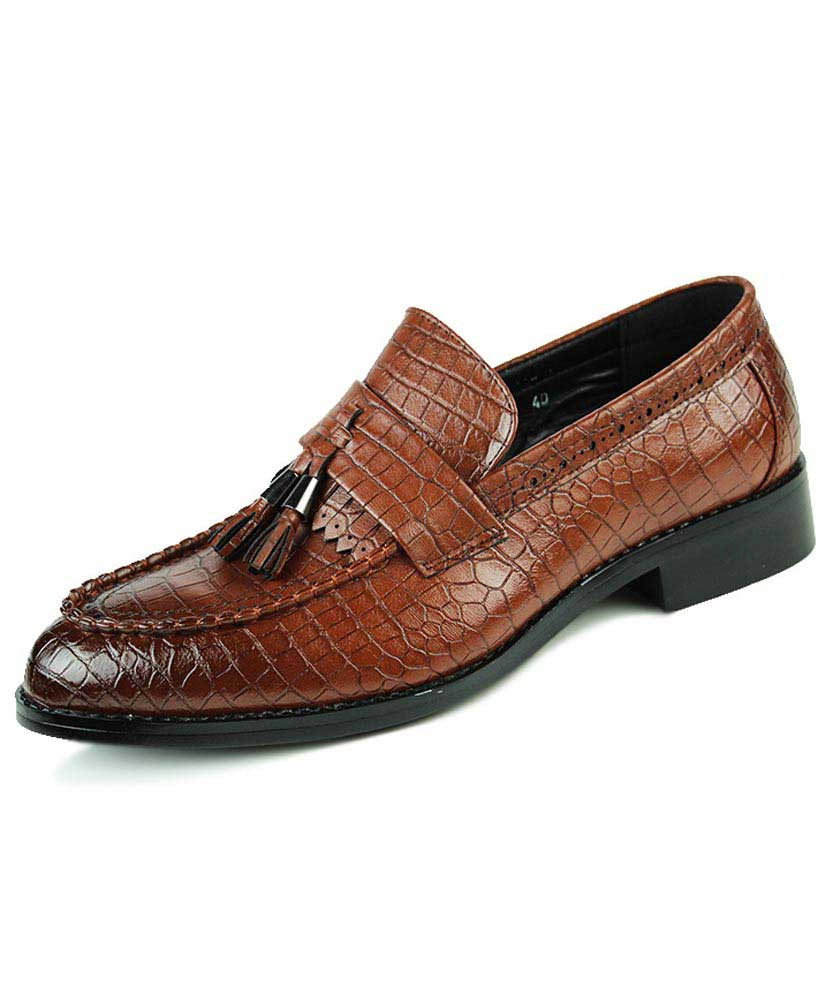 Brown croco skin pattern tassel slip on dress shoe 01