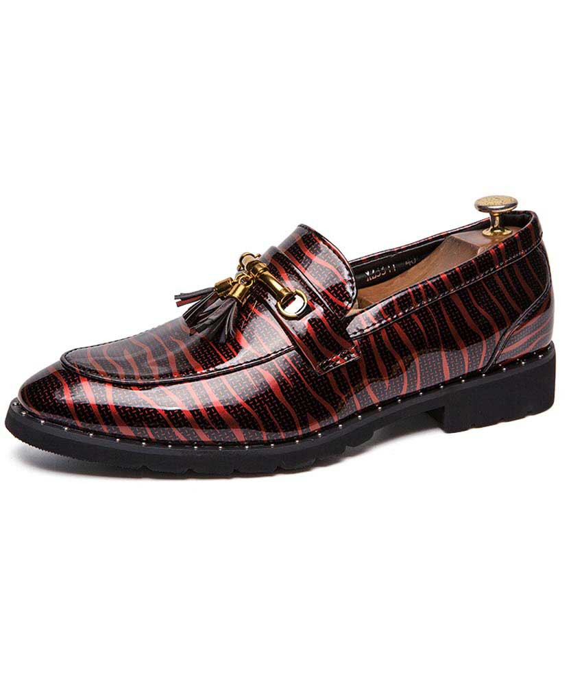 Red stripe leather tassel buckle slip on dress shoe 01