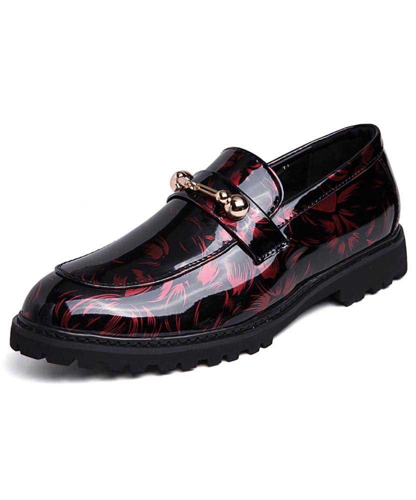 Black red floral pattern buckle leather slip on dress shoe 01