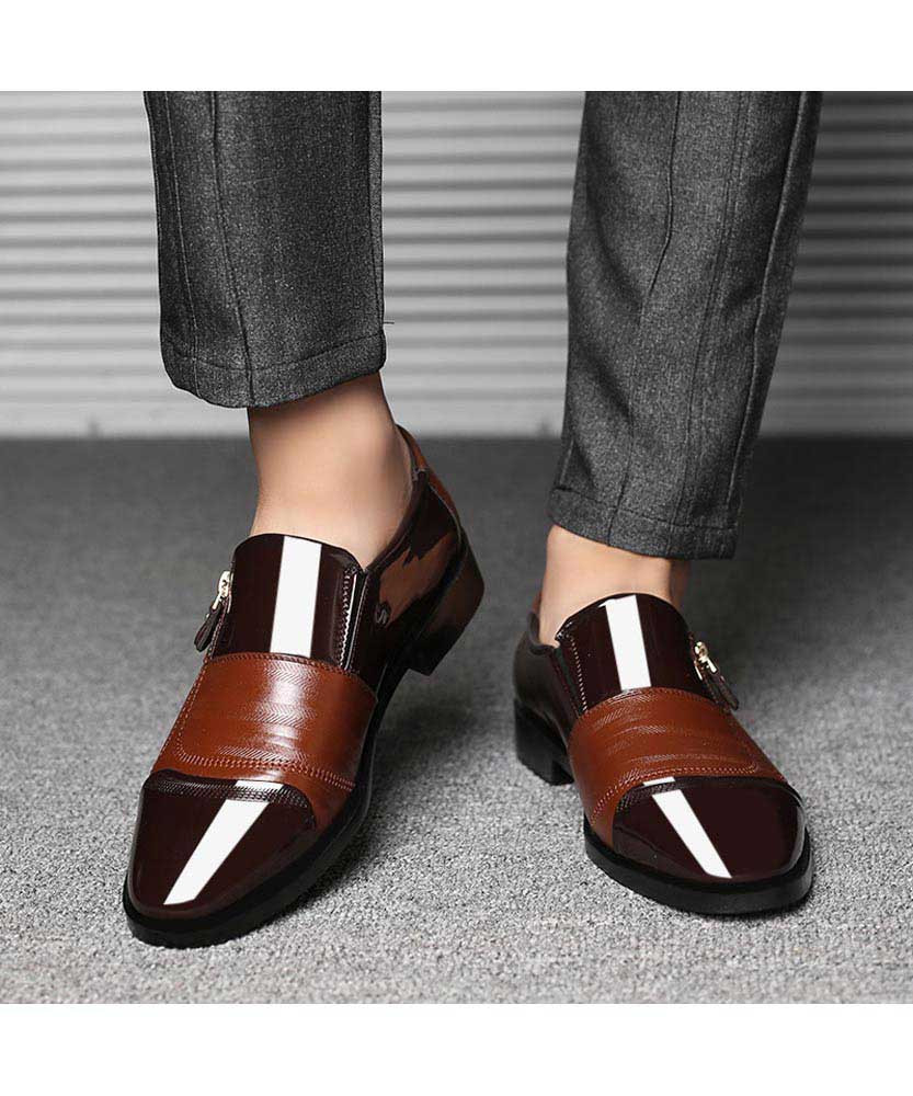 Brown zip patent leather slip on dress 
