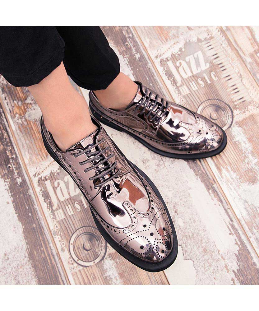 Silver brogue patent leather derby 