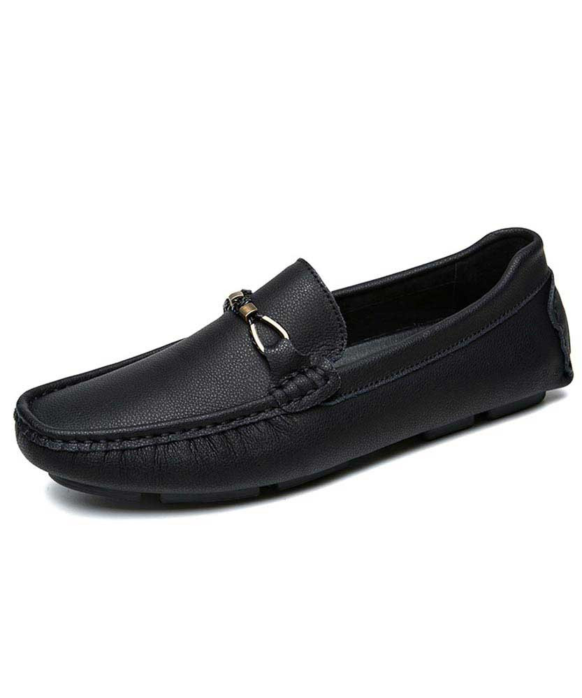 Black leather slip on shoe loafer with butterfly buckle 01