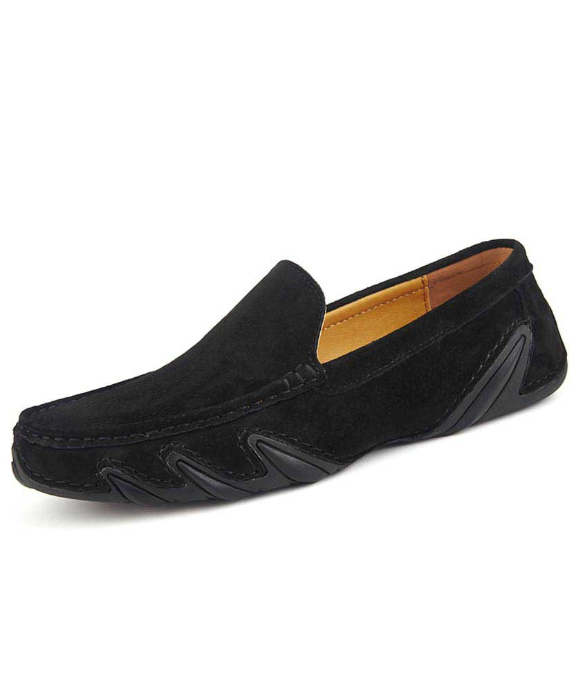 Black wave style leather slip on shoe loafer 01