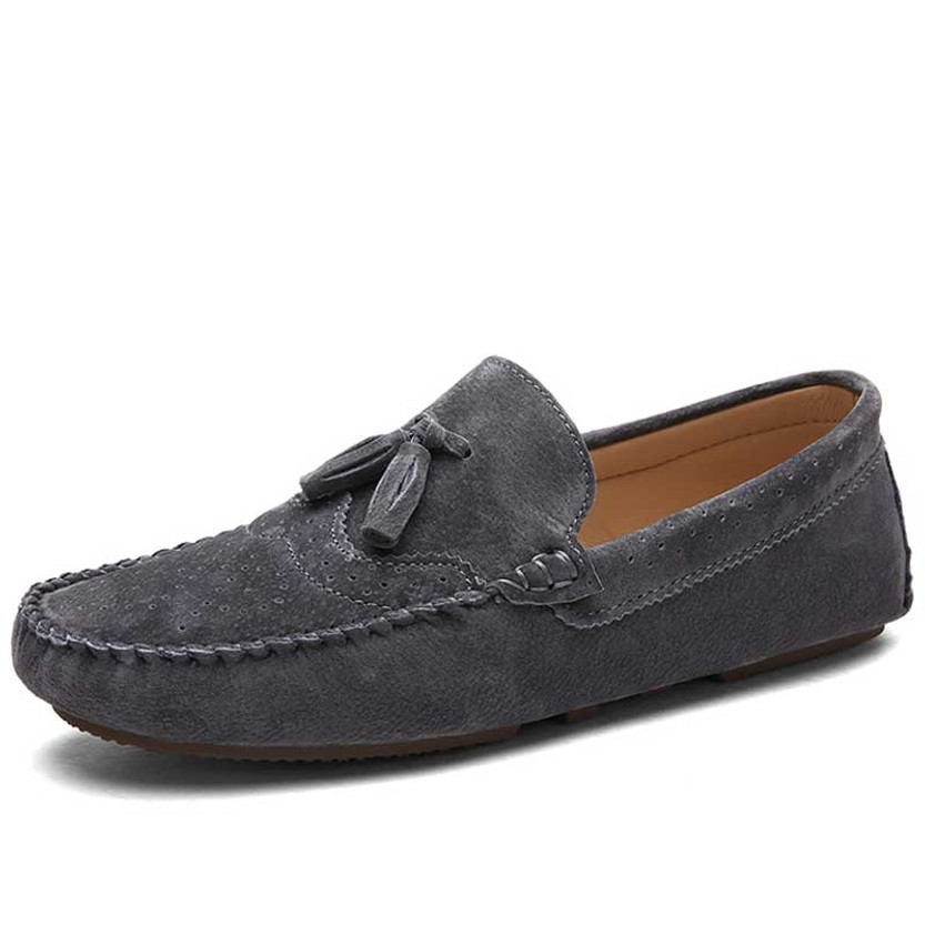 Men's grey brogue leather slip on shoe loafer with tassel 01