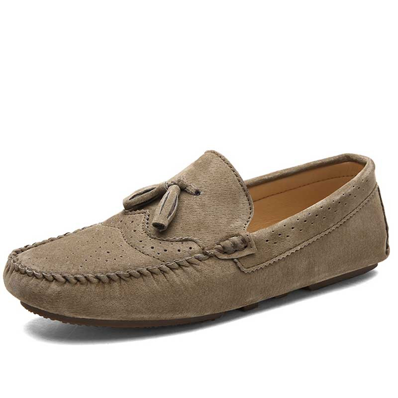 Men's khaki brogue leather slip on shoe loafer with tassel 01