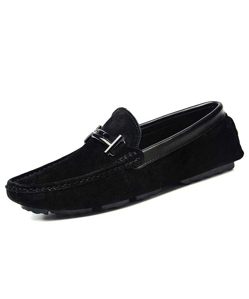 Black T shape buckle leather slip on shoe loafer 01