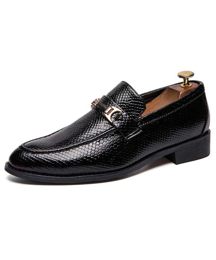 Black buckle leather slip on dress shoe snake skin pattern 01