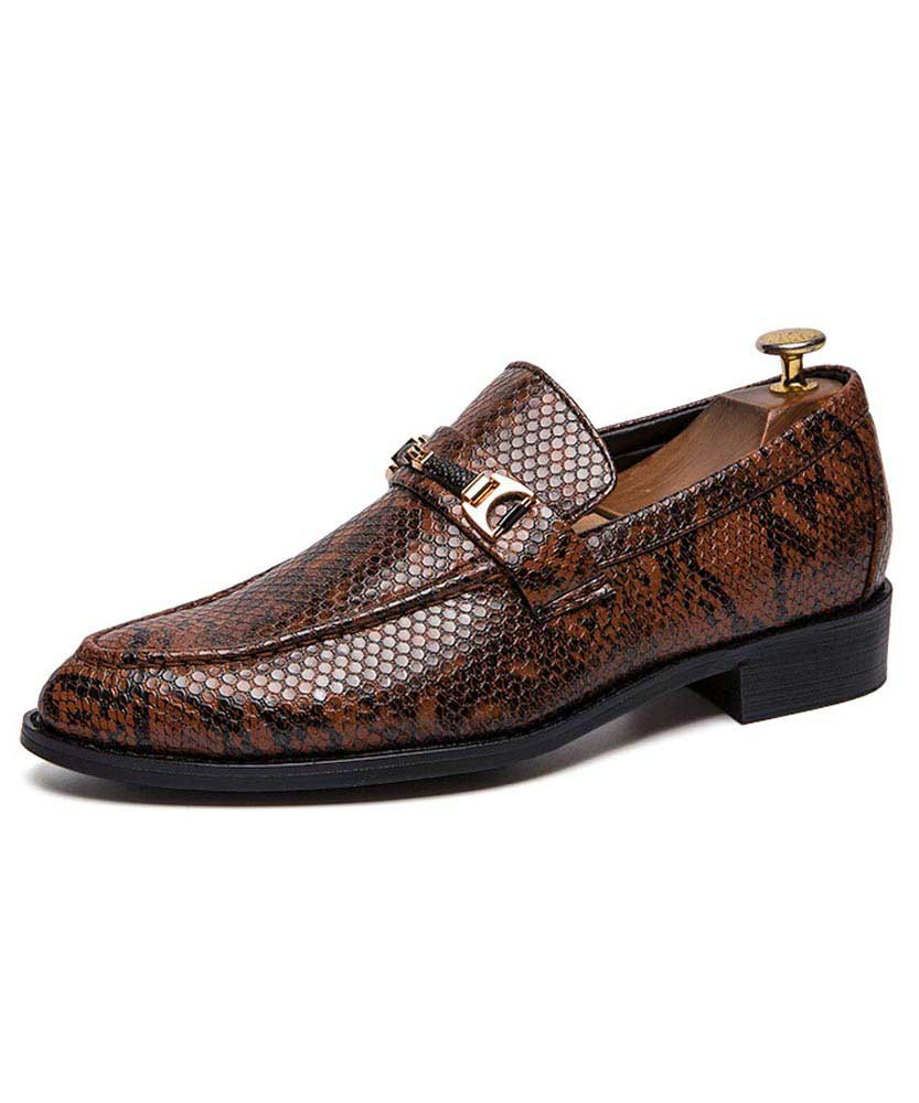 Brown buckle leather slip on dress shoe snake skin pattern 01