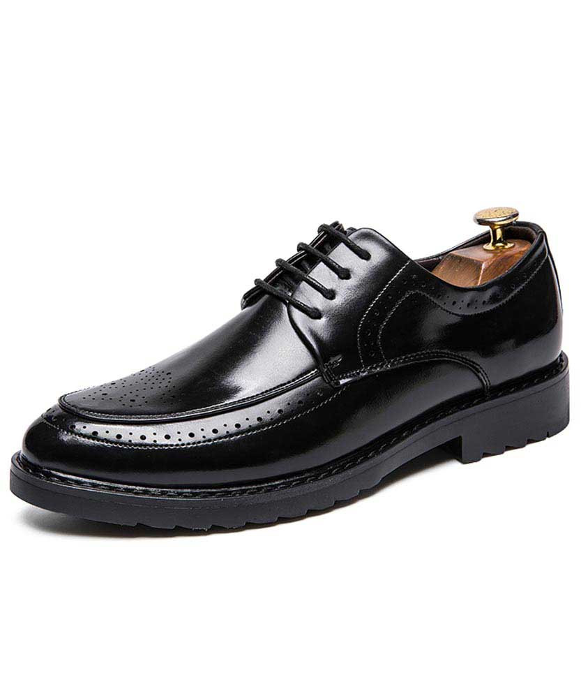 Black retro brogue leather derby dress shoe 01