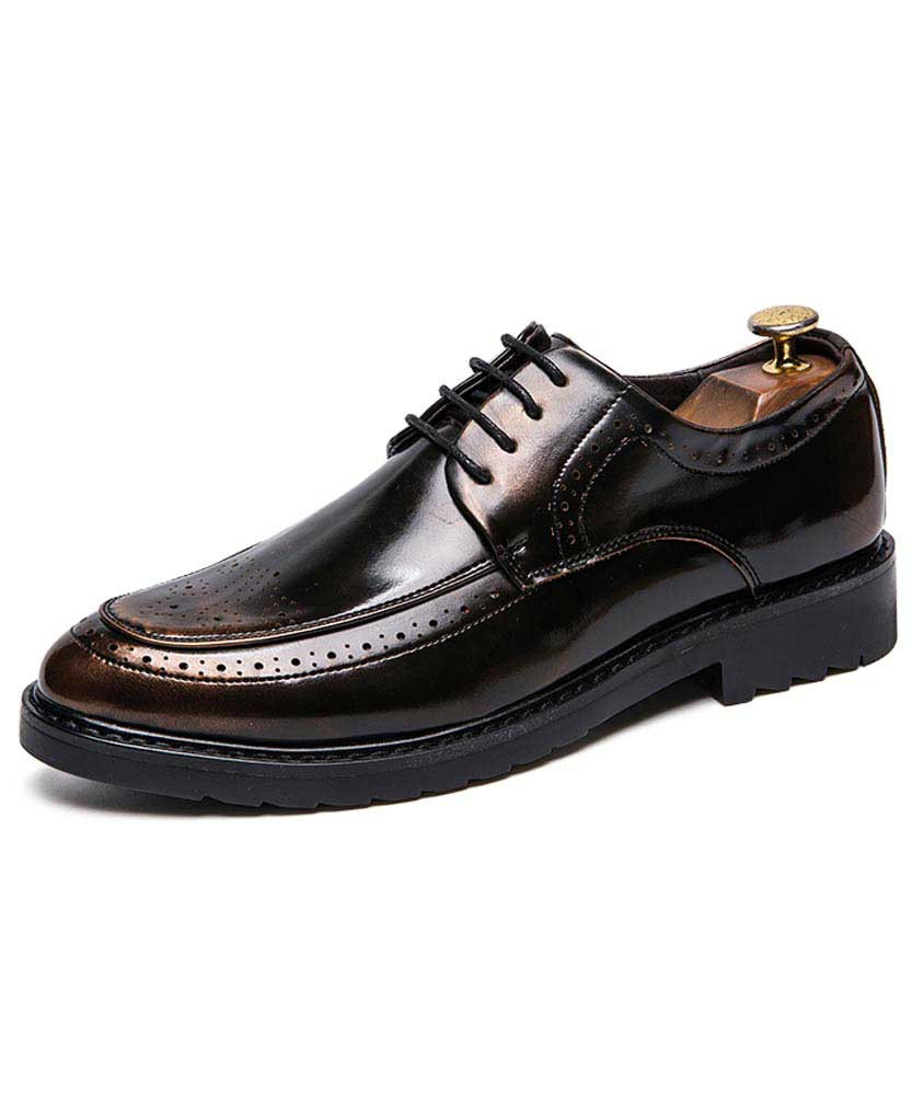 Black golden retro brogue leather derby dress shoe 01