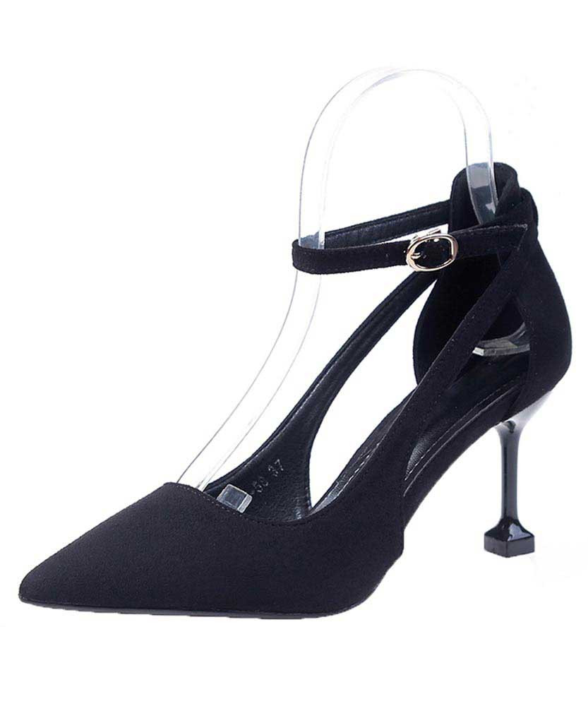 Black suede ankle buckle cut out high heel shoe 01