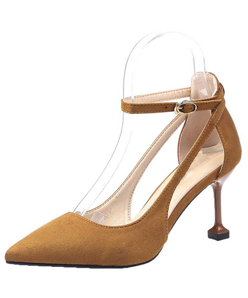 Brown suede ankle buckle cut out high heel shoe 01