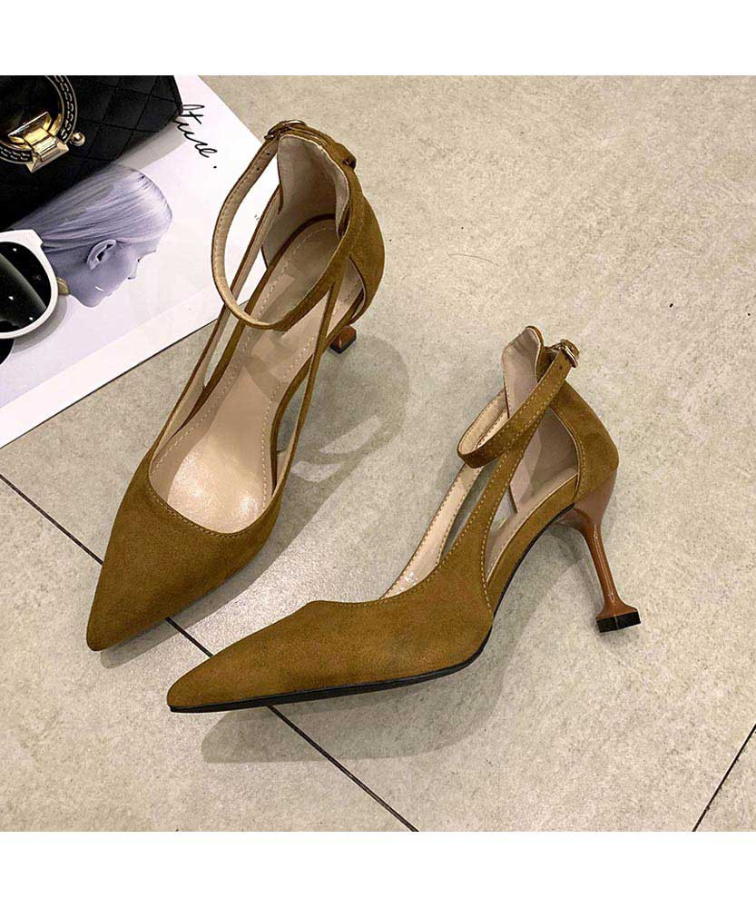 Brown suede ankle buckle cut out high heel shoe | Womens heel shoes ...